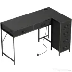 HOMCOM Birou de Colț cu 6 Sertare, cu Cârlig Lateral și Prize Integrate, din Lemn și Oțel, 126x48x80 cm, Negru