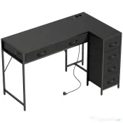 HOMCOM Birou de Colț cu 6 Sertare, cu Cârlig Lateral și Prize Integrate, din Lemn și Oțel, 126x48x80 cm, Negru