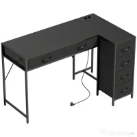 HOMCOM Birou de Colț cu 6 Sertare, cu Cârlig Lateral și Prize Integrate, din Lemn și Oțel, 126x48x80 cm, Negru