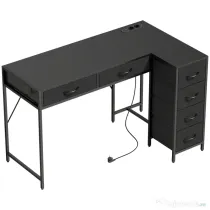HOMCOM Birou de Colț cu 6 Sertare, cu Cârlig Lateral și Prize Integrate, din Lemn și Oțel, 126x48x80 cm, Negru