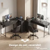 HOMCOM Birou de Colț cu 6 Sertare, cu Cârlig Lateral și Prize Integrate, din Lemn și Oțel, 126x48x80 cm, Negru