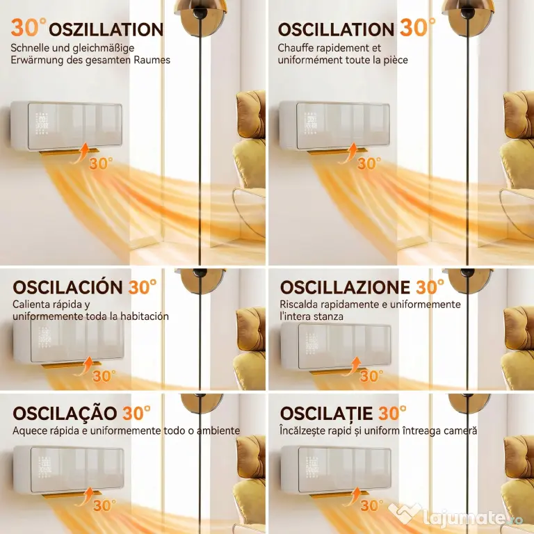 HOMCOM Aerotermă Electrică din Ceramică 2000W de Perete cu 3 Moduri, Temperatura Reglabilă, Timer, Telecomandă, Blocare pentru Copii, Alb