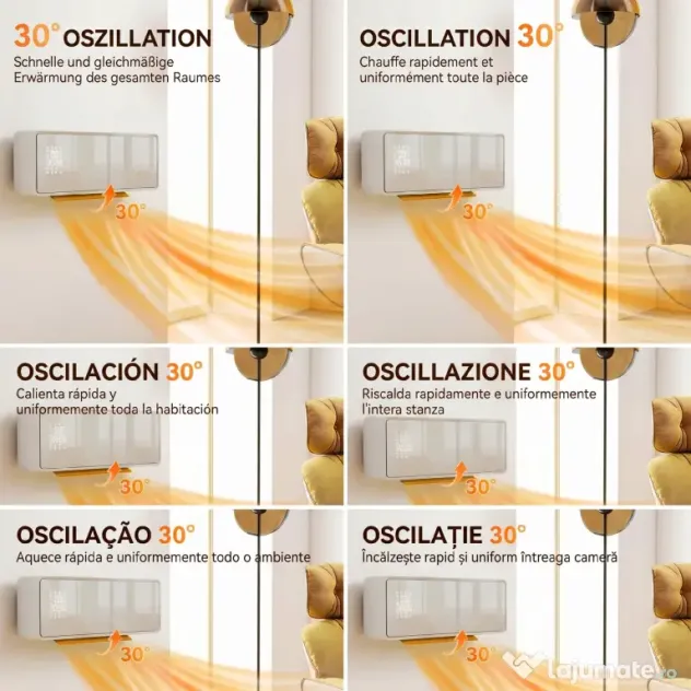 HOMCOM Aerotermă Electrică din Ceramică 2000W de Perete cu 3 Moduri, Temperatura Reglabilă, Timer, Telecomandă, Blocare pentru Copii, Alb