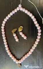 Set Vintage Argint Colier și Cercei Klips Mărgele Opalescente ochi de pisică