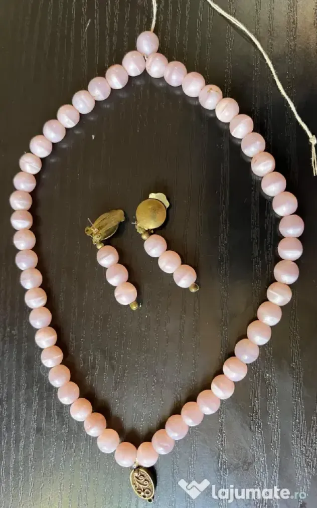 Set Vintage Argint Colier și Cercei Klips Mărgele Opalescente ochi de pisică