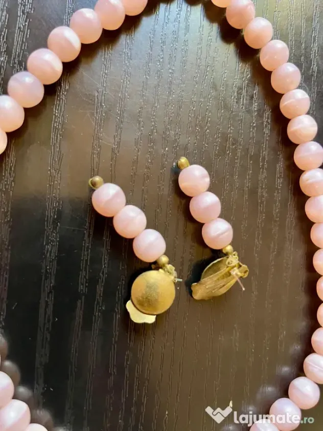 Set Vintage Argint Colier și Cercei Klips Mărgele Opalescente ochi de pisică