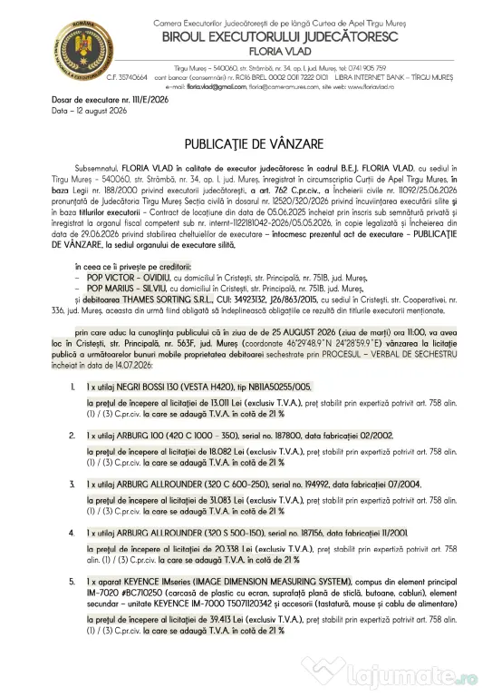 Vânzare la licitație publică - utilaje industriale