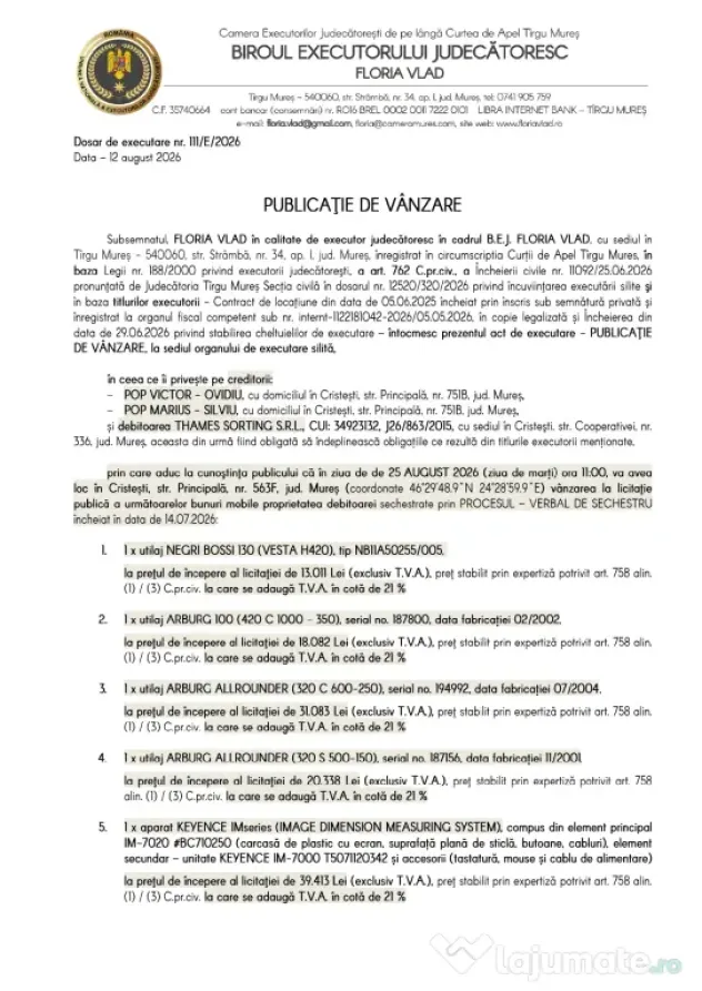 Vânzare la licitație publică - utilaje industriale
