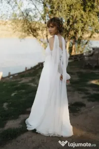 Rochie de mireasă din mătase naturală S-M, corset reglabil, mâneci detașabile 