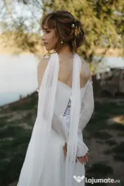 Rochie de mireasă din mătase naturală S-M, corset reglabil, mâneci detașabile 