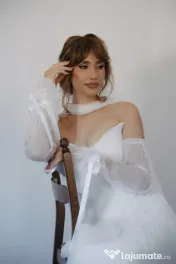 Rochie de mireasă din mătase naturală S-M, corset reglabil, mâneci detașabile 