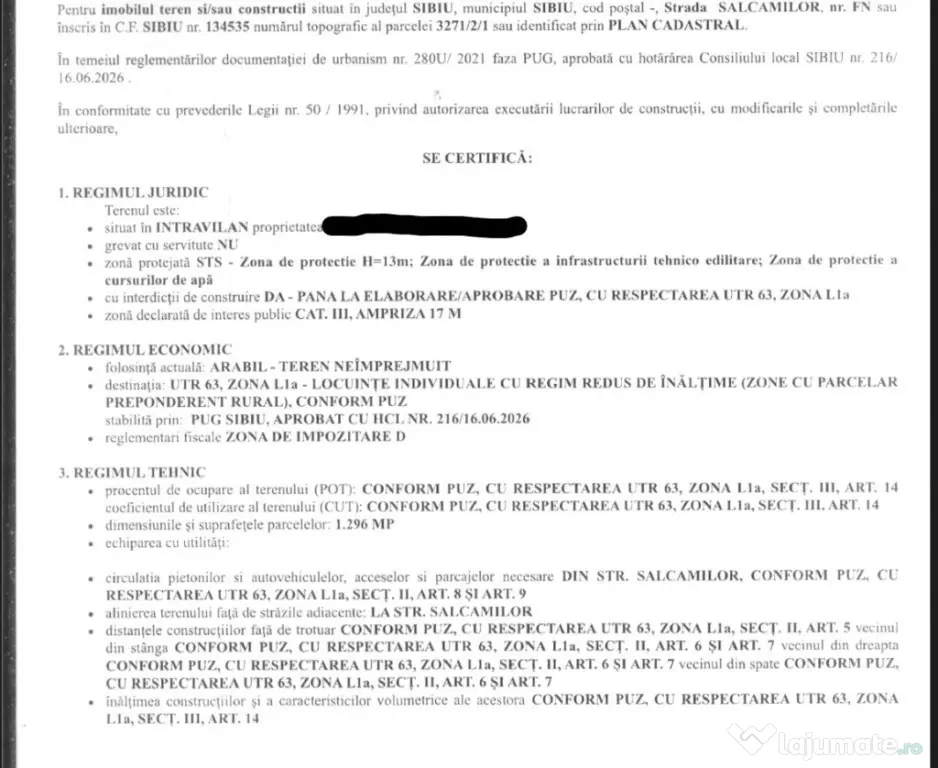 Teren intravilan de vanzare - Str. Salcamilor - Mun. Sibiu - 1296mp