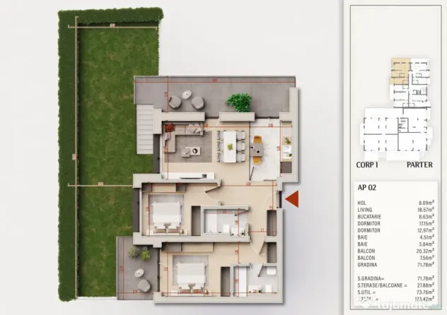 Finalizare 2027 | Parter, 74 mp +Gradina 70mp +Balcon 23mp |