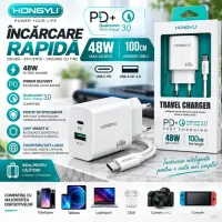 Încărcător Rapid HONGYU 48W cu USB-C PD + USB-A QC 3.0 și Cablu USB-C 1M 