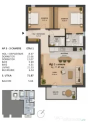 Apartament 3 camere 2 bai, 72 mp ,Standard nZeb, Dorobantilo