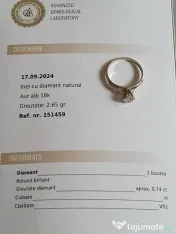 Inel logodna solitaire 18k diamant natural urias 0,74ct VS – H