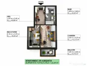 Apartament 1 cameră, 33,34 mp, balcon și bucătărie separ