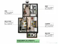 Apartament 1 cameră, 33,34 mp, balcon și bucătărie separ 