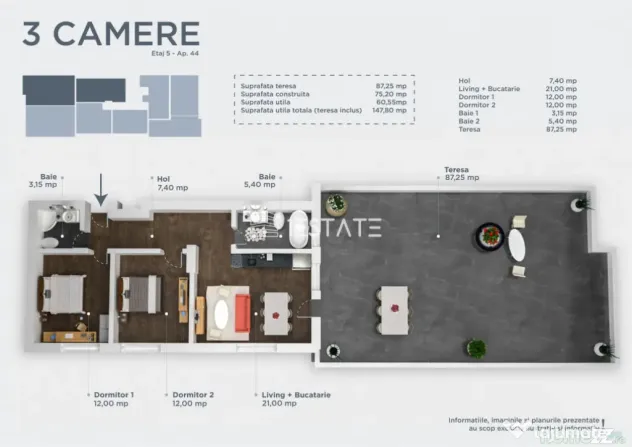 FINALIZAT | 3 camere cu terasa de 87mp - Titan/Pallady