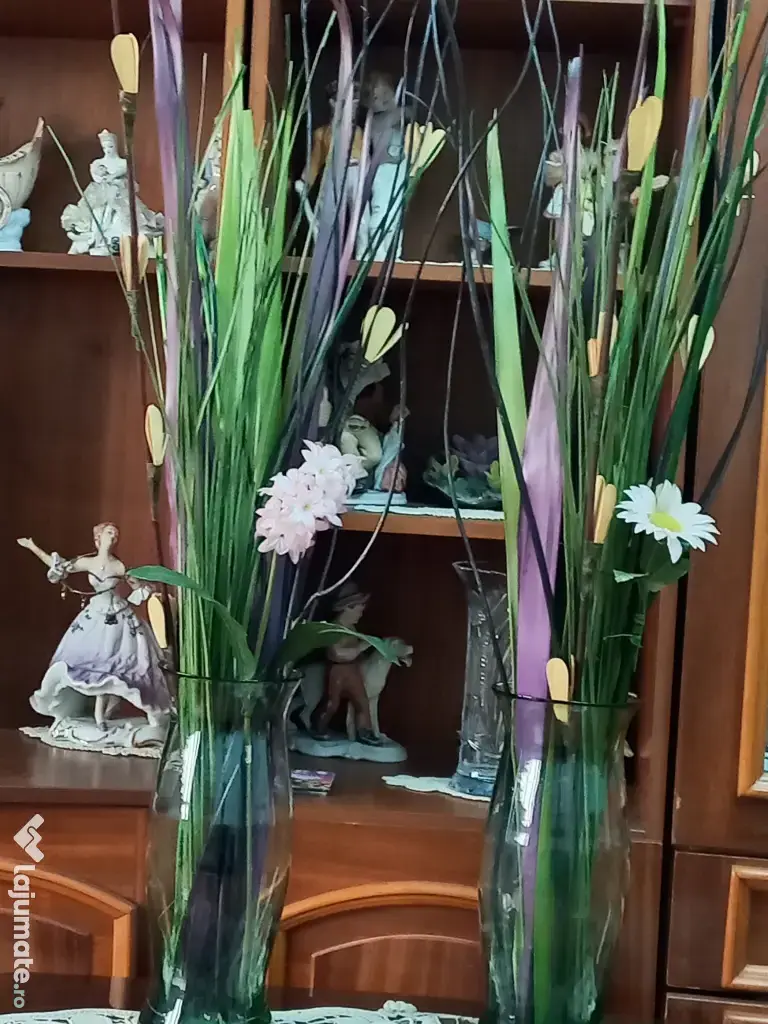 VAZA decorativa, din sticla, 32 cm - 2 bucati - cu flori artificiale 130 cm