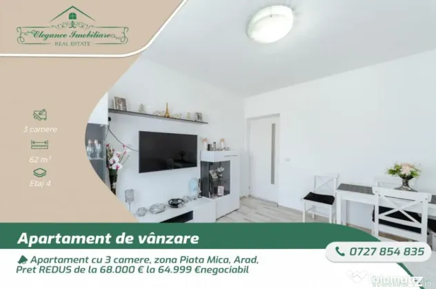 Apartament cu 3 camere, zona Piata Mica, Arad