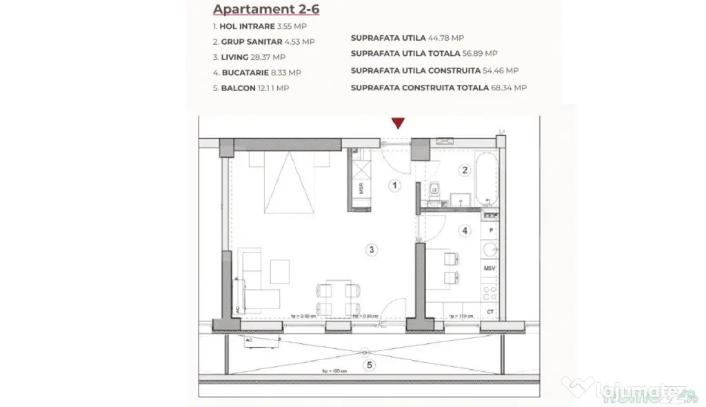 Studio, 56.89 mp, ansamblu cu 0% Comision la Achiziție, zon