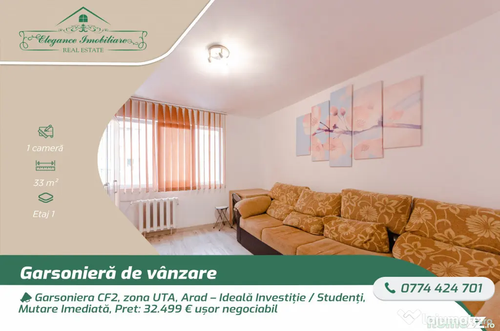 Garsoniera CF2, zona UTA, Arad – Ideală Investiție / Stu