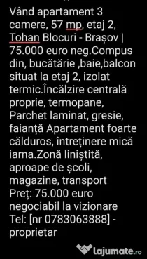 Apartament de vânzare 3 camere Tohan