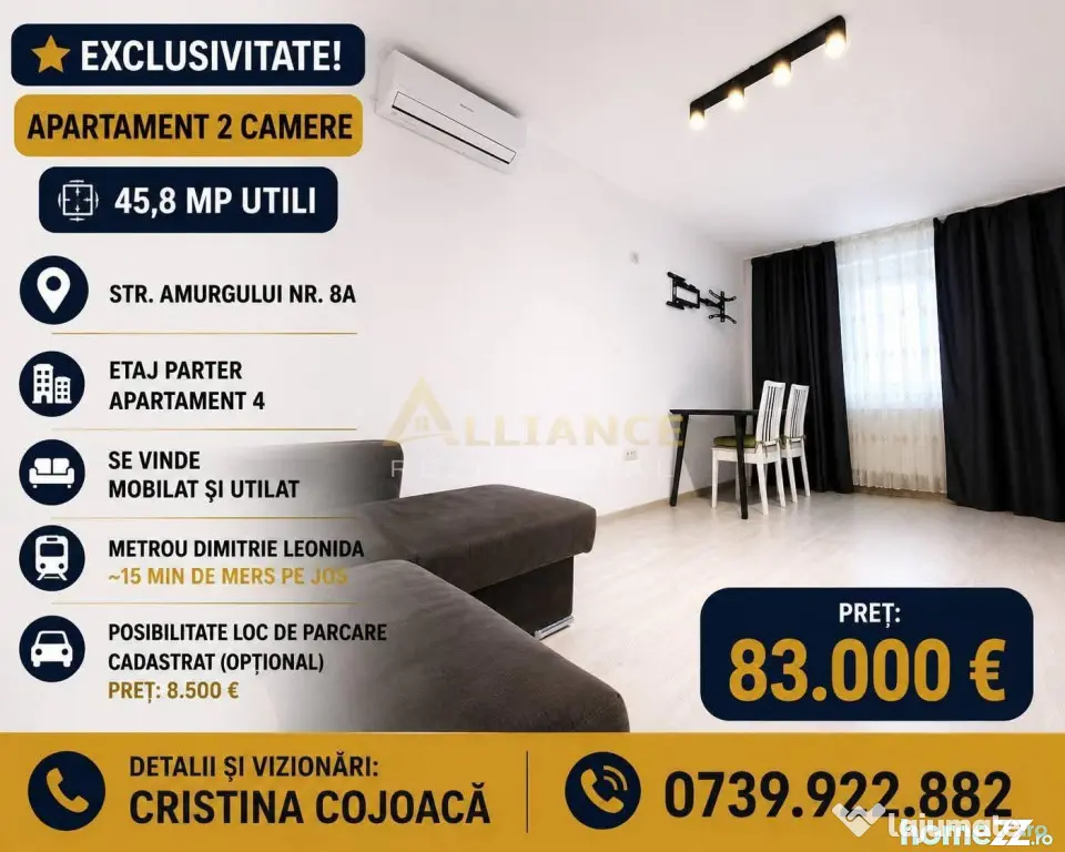 EXCLUSIVITATE | Apartament 2 camere | 45,8 mp | Str. Amurgul
