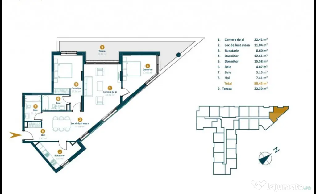 Apartament 3 camere, 88,2 mp, bloc nou cu CF, terasa 28,5 mp