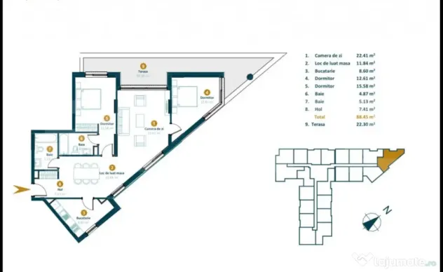 Apartament 3 camere, 88,2 mp, bloc nou cu CF, terasa 28,5 mp