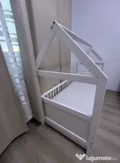 Pat căsuță copii model Elis alb 160x70 cm + saltea Baby 