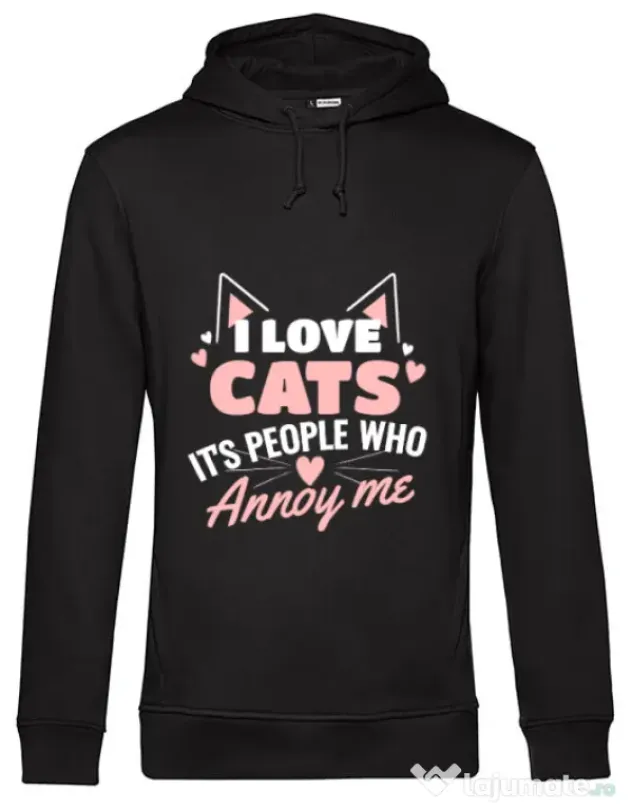 Hoodie barbat cu gluga I love cats Negru