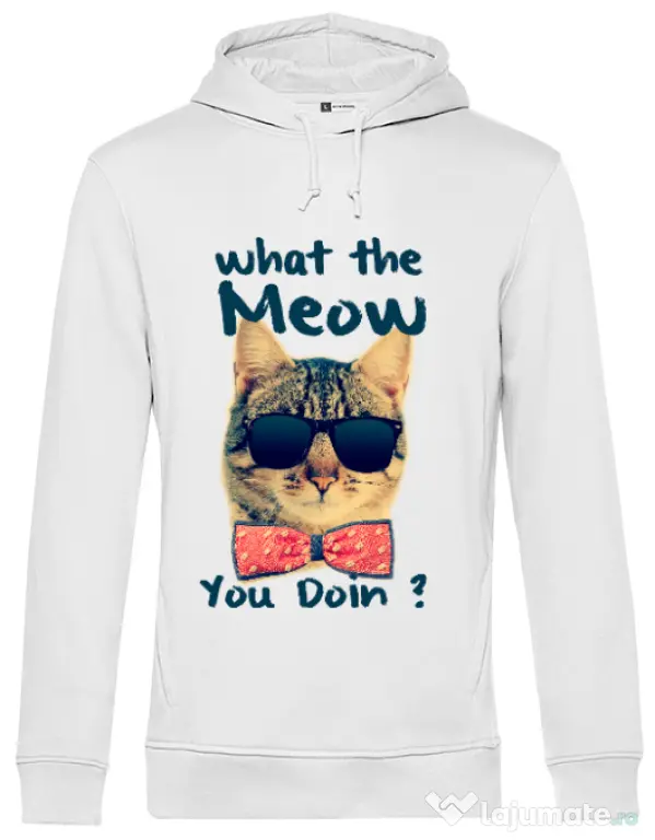 Hoodie barbat cu gluga What the meow Alb