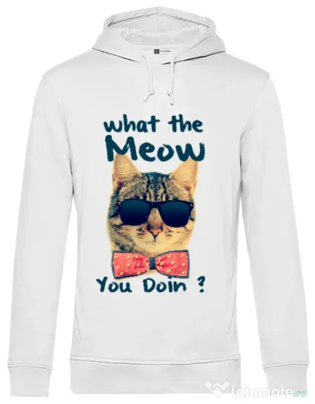 Hoodie barbat cu gluga What the meow Alb