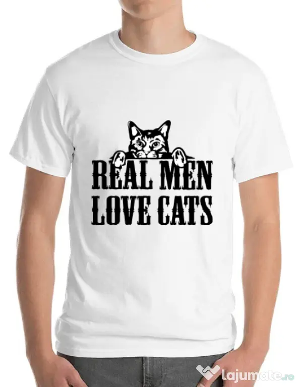 Tricou ADLER barbat Real men love cats Alb