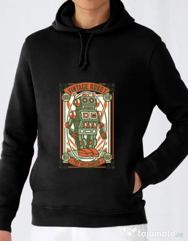 Hoodie barbat cu gluga Vintage Robot Negru