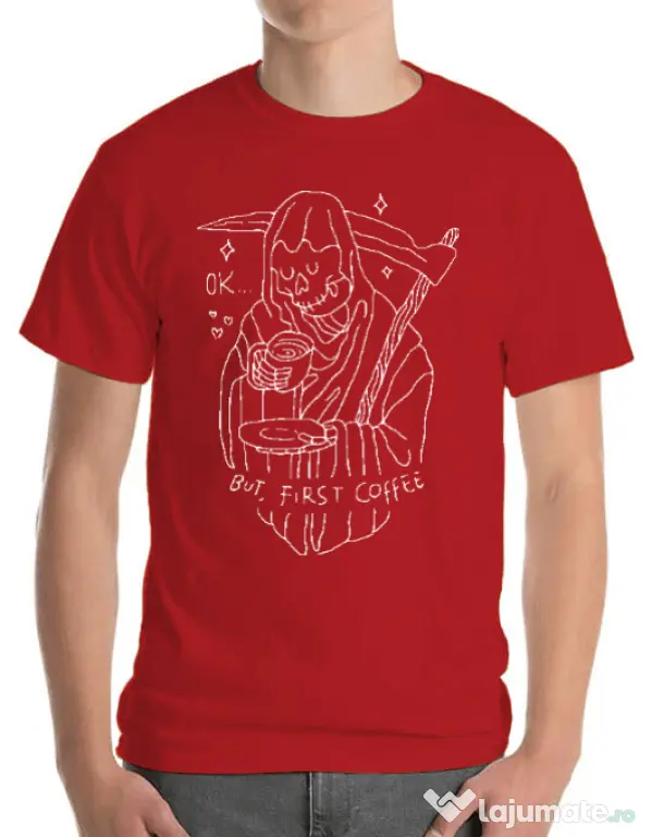 Tricou ADLER barbat OK But First Coffee Rosu