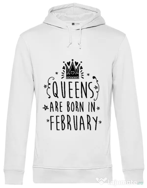 Hoodie barbat cu gluga Queens are born in February Alb