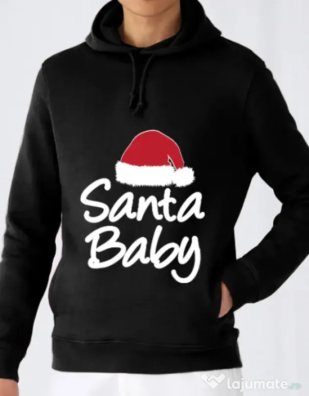 Hoodie barbat cu gluga Santa baby Negru