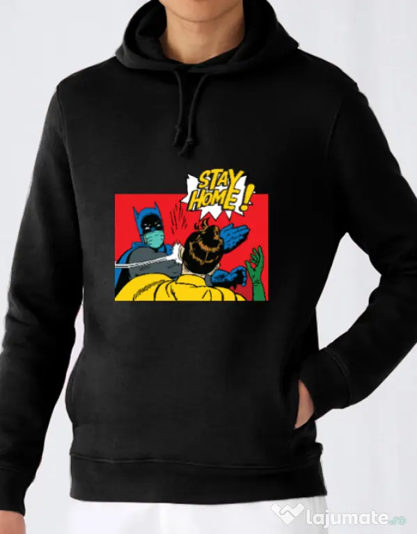 Hoodie barbat cu gluga Stay home Robin Negru