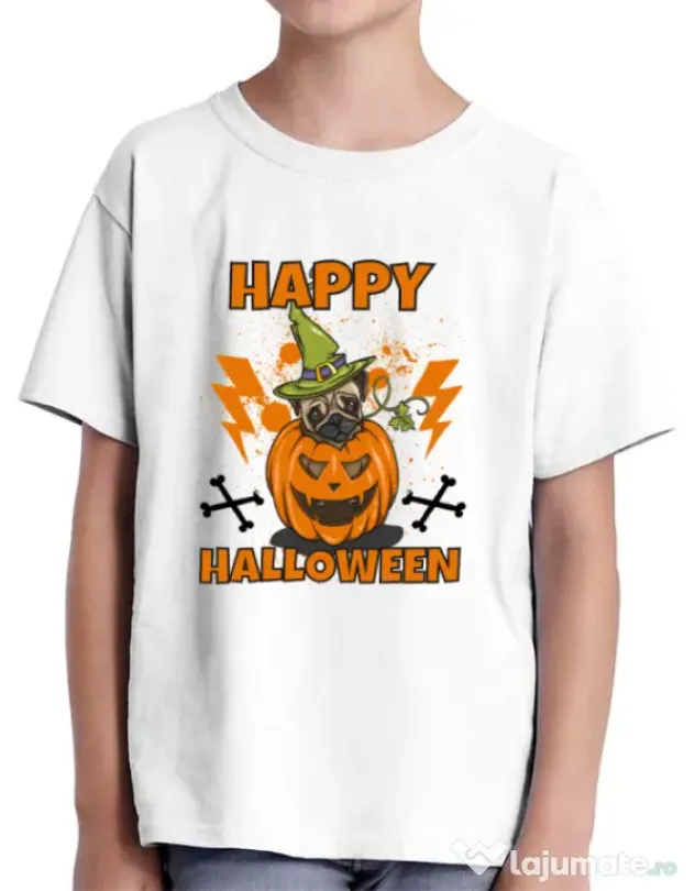 Tricou ADLER copil Halloween Pug Alb