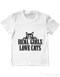 Tricou ADLER copil Real girls love cats Alb