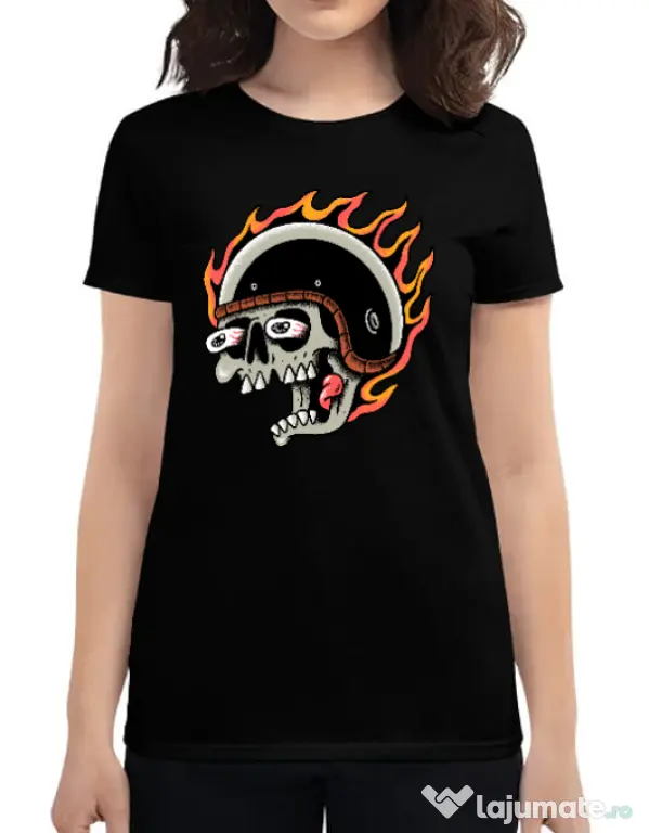 Tricou personalizat dama Skull Biker Negru