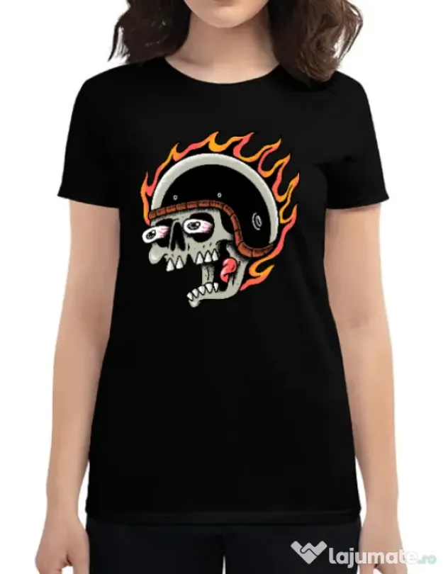 Tricou personalizat dama Skull Biker Negru