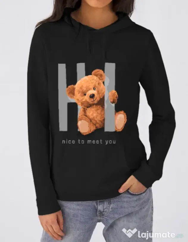 Hanorac dama cu gluga Nice to meet you Negru