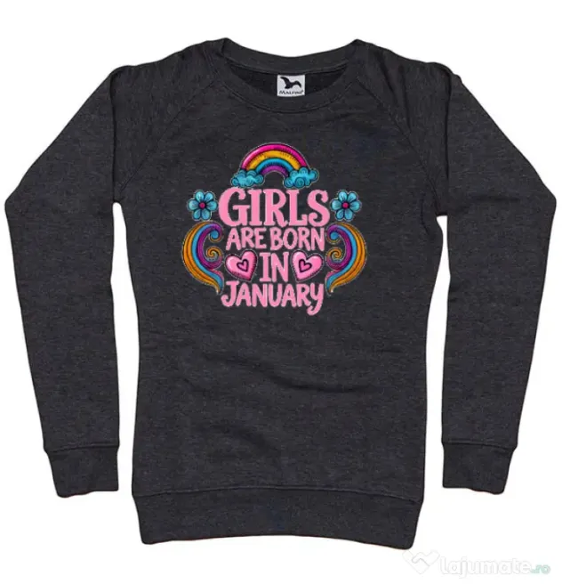 Bluza personalizata dama Girls are born in ianuary 2 Negru melanj