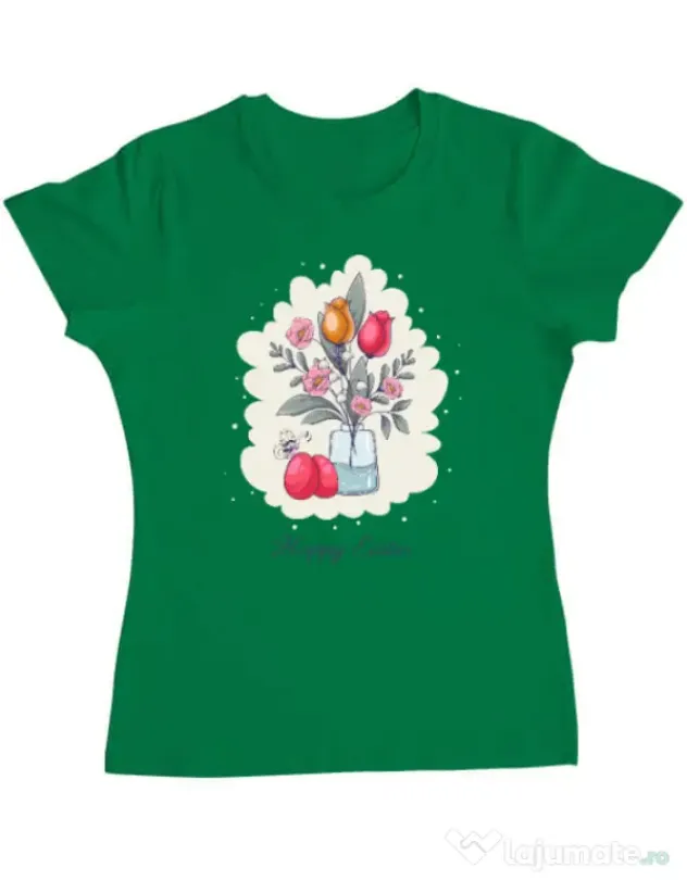 Tricou personalizat dama HAPPY EASTER Verde mediu
