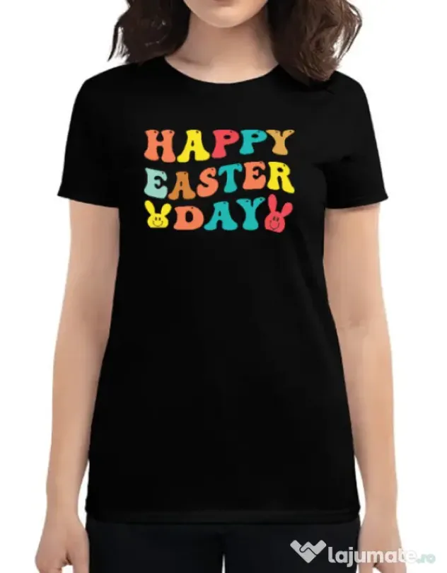 Tricou personalizat dama HAPPY EASTER DAY Negru