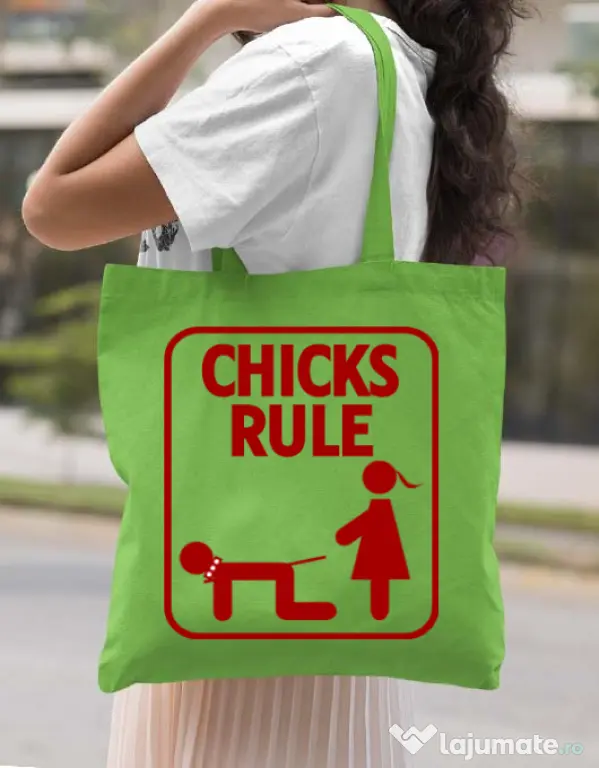 Sacosa personalizata Burlacite Chicks Rule Verde